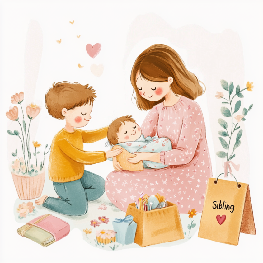 Kind begrüßt sein neugeborenes Geschwisterchen im Arm der Mutter – Geschwisterkurs bei Frauenwohl & Babyglück Bochum.