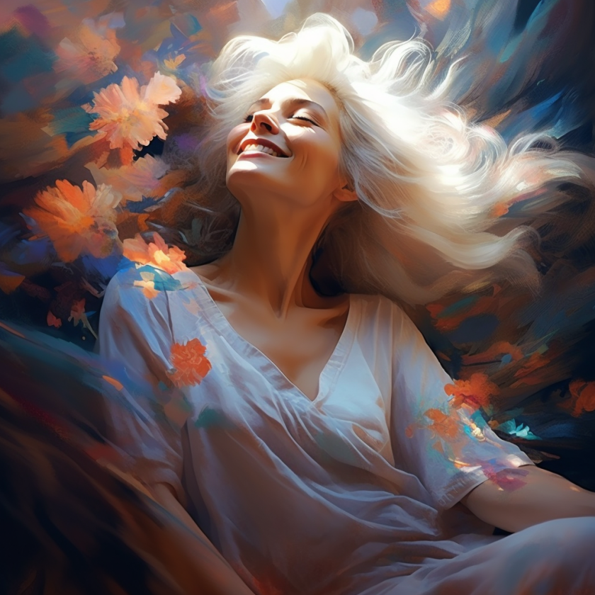 Symbolbild einer strahlenden Frau im Herbst ihres Lebens – sanfte Begleitung in den Wechseljahren mit Therapeutischer Frauenmassage (TFM) bei Frauenwohl & Babyglück Bochum.