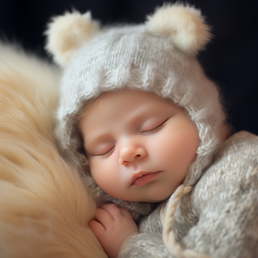 Schlafendes Baby mit grauer Wollmütze – Symbol für gesunden Babyschlaf bei Frauenwohl & Babyglück Bochum.