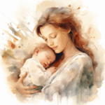 Mutter hält ihr Baby liebevoll im Arm und schließt die Augen – Geborgenheit und frühe Mutterschaft bei Frauenwohl & Babyglück Bochum.