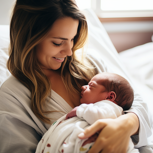 Mutter hält ihr Neugeborenes liebevoll im Arm – sanfte Begleitung nach der Geburt und Wochenbettbegleitung bei Frauenwohl & Babyglück Bochum.