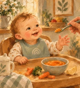 Gemalte Szene: Ein Baby sitzt lachend im Hochstuhl, eine Hand reicht ihm einen Löffel Brei.