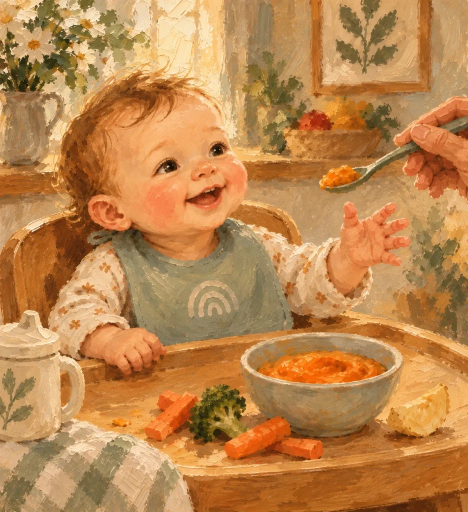 Gemalte Szene: Ein Baby sitzt lachend im Hochstuhl, eine Hand reicht ihm einen Löffel Brei.