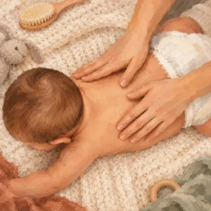 Gemalte Szene: Zwei Hände massieren sanft den Rücken eines Babys, das auf einer weichen Decke liegt.