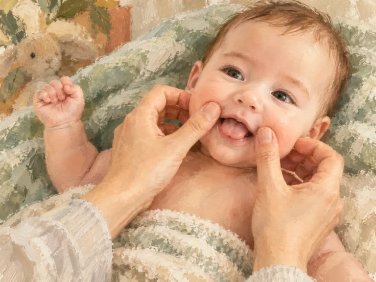 Gemalte Szene: Zwei Hände streichen sanft über die Wangen eines lachenden Babys.