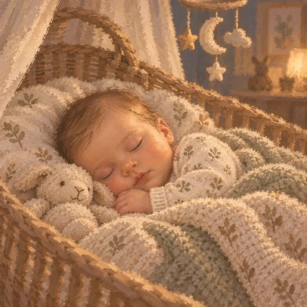 Gemalte Szene: Ein Baby schläft zugedeckt in einem Korbbettchen.