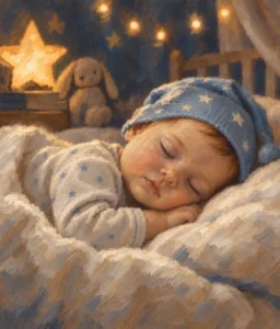 Gemalte Szene: Ein Baby mit Mütze schläft, im Hintergrund leuchtet eine Sternlampe.
