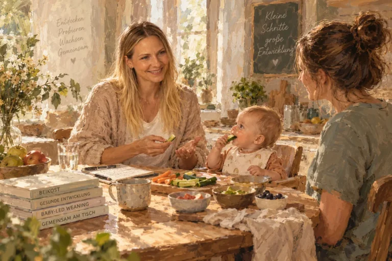 Gemalte Szene: Eine Beraterin sitzt mit einer Mutter und deren Baby am Esstisch.