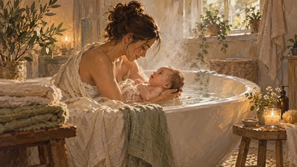 Gemalte Szene: Eine Mutter badet ihr Neugeborenes in einer Wanne im warmen Licht eines hellen Zimmers.