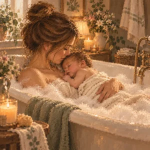 Gemalte Szene: Eine Mutter hält ihr Neugeborenes in der Badewanne an sich gedrückt.