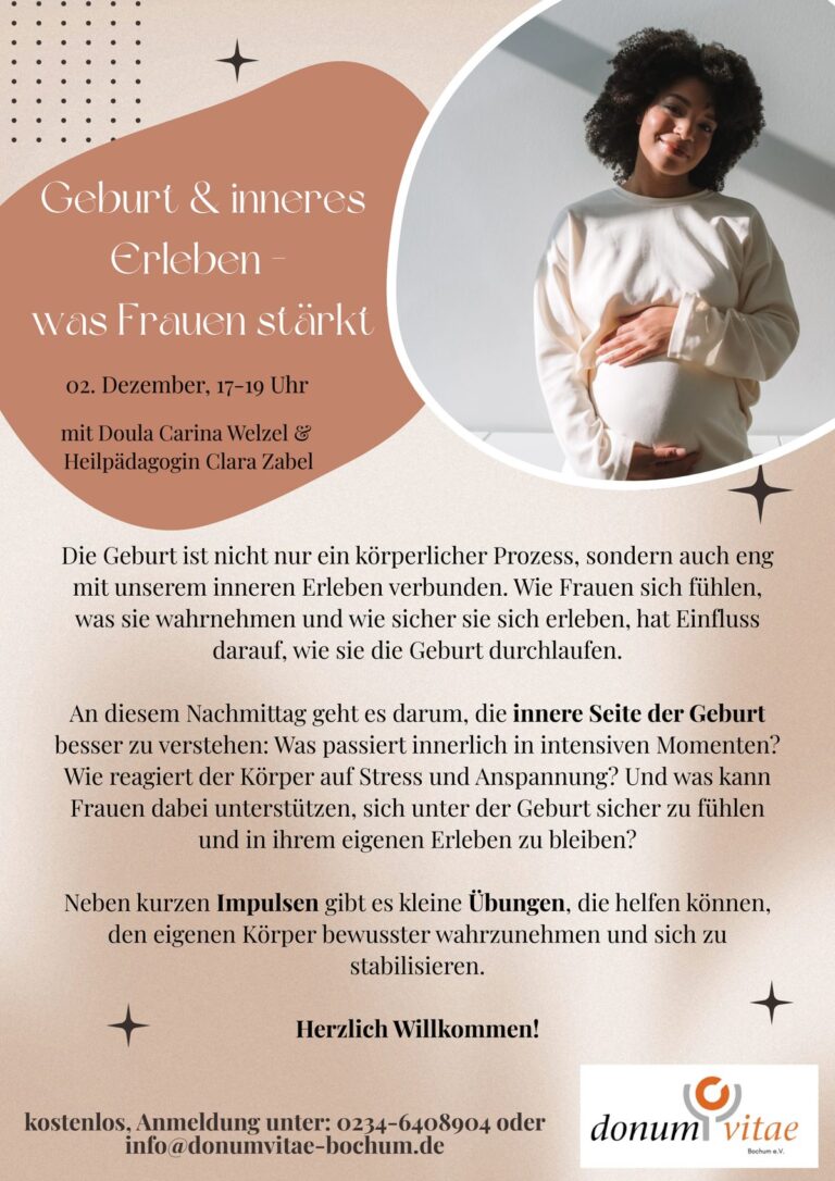 Flyer: Geburt & inneres Erleben: was Frauen stärkt. Kurs am 2. Dezember 2026 mit Doula Carina Welzel und Heilpädagogin Clara Zabel