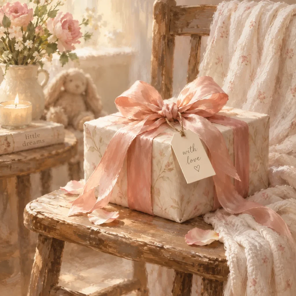 Gemalte Szene: Ein in Papier gewickeltes Geschenk mit rosa Schleife steht auf einem Holzstuhl.