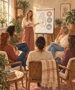 Gemalte Szene: Eine Kursleiterin steht an einem Flipchart, vor ihr sitzt eine kleine Runde in einem hellen Kursraum.
