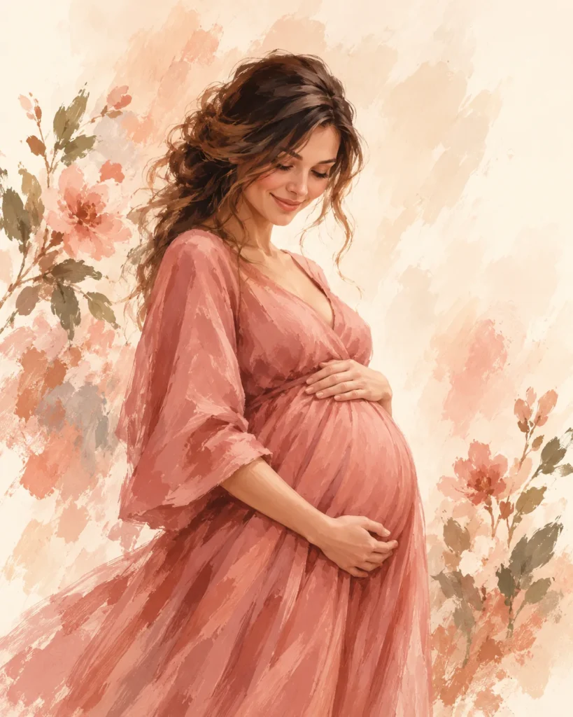Gemalte Szene: Eine schwangere Frau im rosa Kleid hält lächelnd ihren Bauch, umgeben von Blüten.