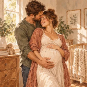 Gemalte Szene: Eine schwangere Frau und ihr Partner halten gemeinsam den Babybauch.