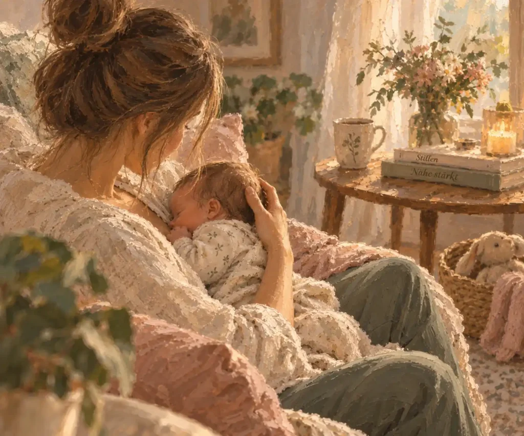 Gemalte Szene: Eine Mutter hält ihr Baby beim Stillen im Arm.