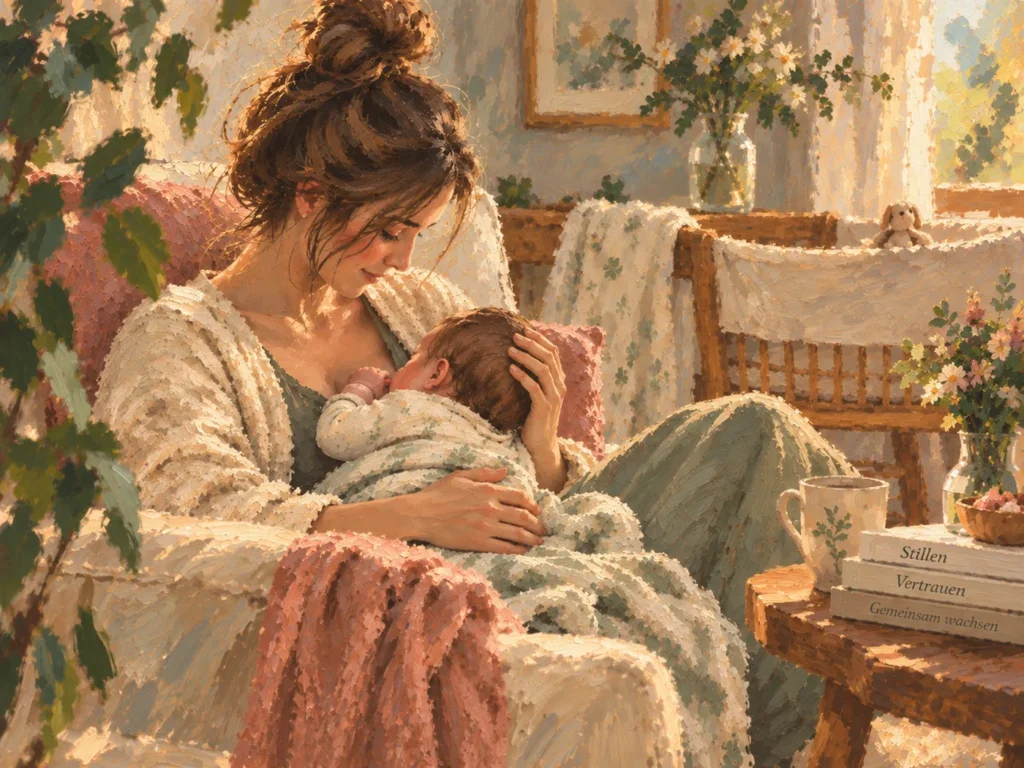 Gemalte Szene: Eine Mutter sitzt in einem Sessel und stillt ihr Baby.