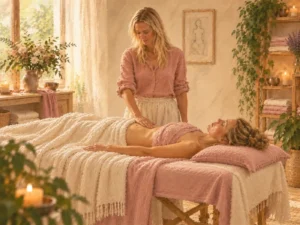 Gemalte Szene: Eine Frau liegt zugedeckt auf einer Massageliege, eine Therapeutin steht neben ihr.