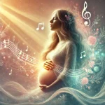 A serene and artistic representation of a pregnant woman singing and toning. She is depicted in a calm, glowing environment, surrounded by soft, warm