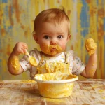 Baby sitzt im Hochstuhl und isst selbst Brei mit den Händen – Beikost und Essbegleitung bei Frauenwohl & Babyglück Bochum.