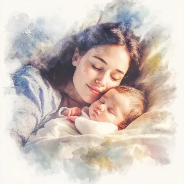 Frau mit ihrem Baby im Bett Frau und Baby schlafend im Bett - Symbolbild für das Wochenbett