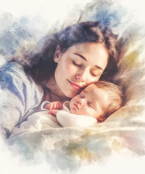 Mutter liegt mit ihrem Baby im Bett und hält es liebevoll im Arm – Geborgenheit und Bindung bei Frauenwohl & Babyglück Bochum.