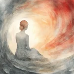 Geburstrauma – Symbolbild Symbolbild einer Frau im Wirbel aus Licht und Dunkelheit – Verarbeitung von Geburtstrauma bei Frauenwohl & Babyglück Bochum.