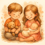 Geschwisterkurs Zwei Geschwisterkinder sitzen nebeneinander, eines hält das Baby im Arm – Geschwisterkurs bei Frauenwohl & Babyglück Bochum.