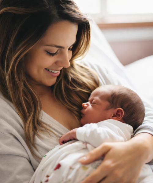 Mutter liegt mit Baby im Wochenbett