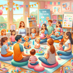 Eltern sitzen mit ihren Babys in einem bunten Kursraum im Kreis – Kurs bei Frauenwohl & Babyglück Bochum.
