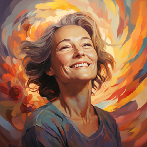 Symbolbild: Strahlende Frau in den Wechseljahren – Unterstützung durch Therapeutische Frauenmassage (TFM) für Frauengesundheit bei Frauenwohl & Babyglück Bochum.