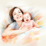 Mutter liegt mit ihrem Baby im Bett und lächelt – Kraft tanken im Wochenbett mit Mamamassage (TFM) bei Frauenwohl & Babyglück Bochum.