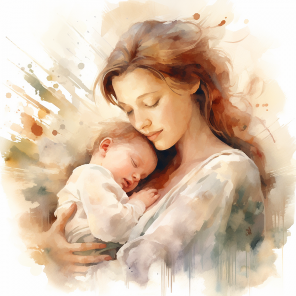 mutter-haelt-baby-auf-dem-arm Mutter hält ihr Baby liebevoll im Arm und schließt die Augen – Geborgenheit und frühe Mutterschaft bei Frauenwohl & Babyglück Bochum.