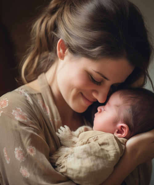 Mutter hält ihr Neugeborenes liebevoll im Arm – Geborgenheit und Bindung bei Frauenwohl & Babyglück Bochum.