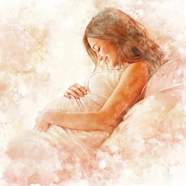 Schwangere Frau sitzt im Bett und hält schützend ihren Bauch – Wochenbettbegleitung bei Frauenwohl & Babyglück Bochum.